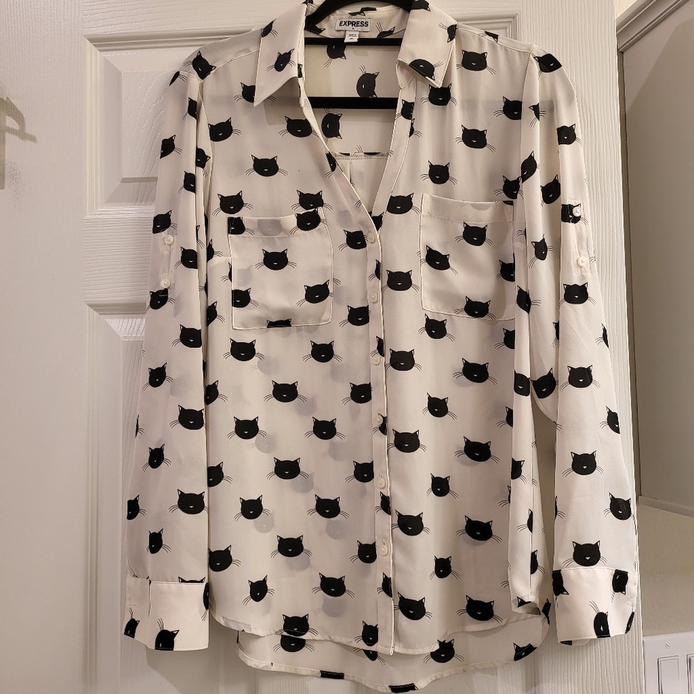 Express Long Sleeve Button Down Black Cat Shirt